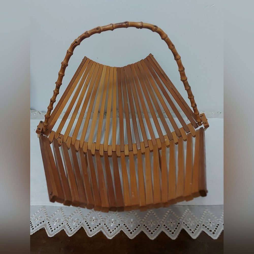 Mid Century Japanese Foldable Teak Fruit Basket W/ Bamboo Handle